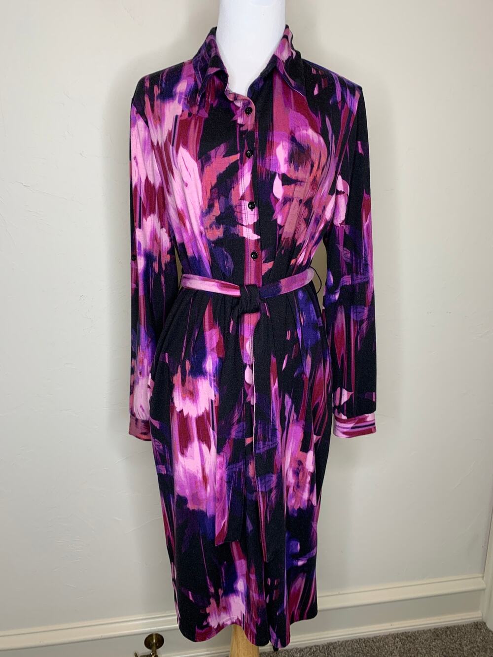 Floral Pink Black Purpe Jersey Shirt Dress Sz Medium Midi Length